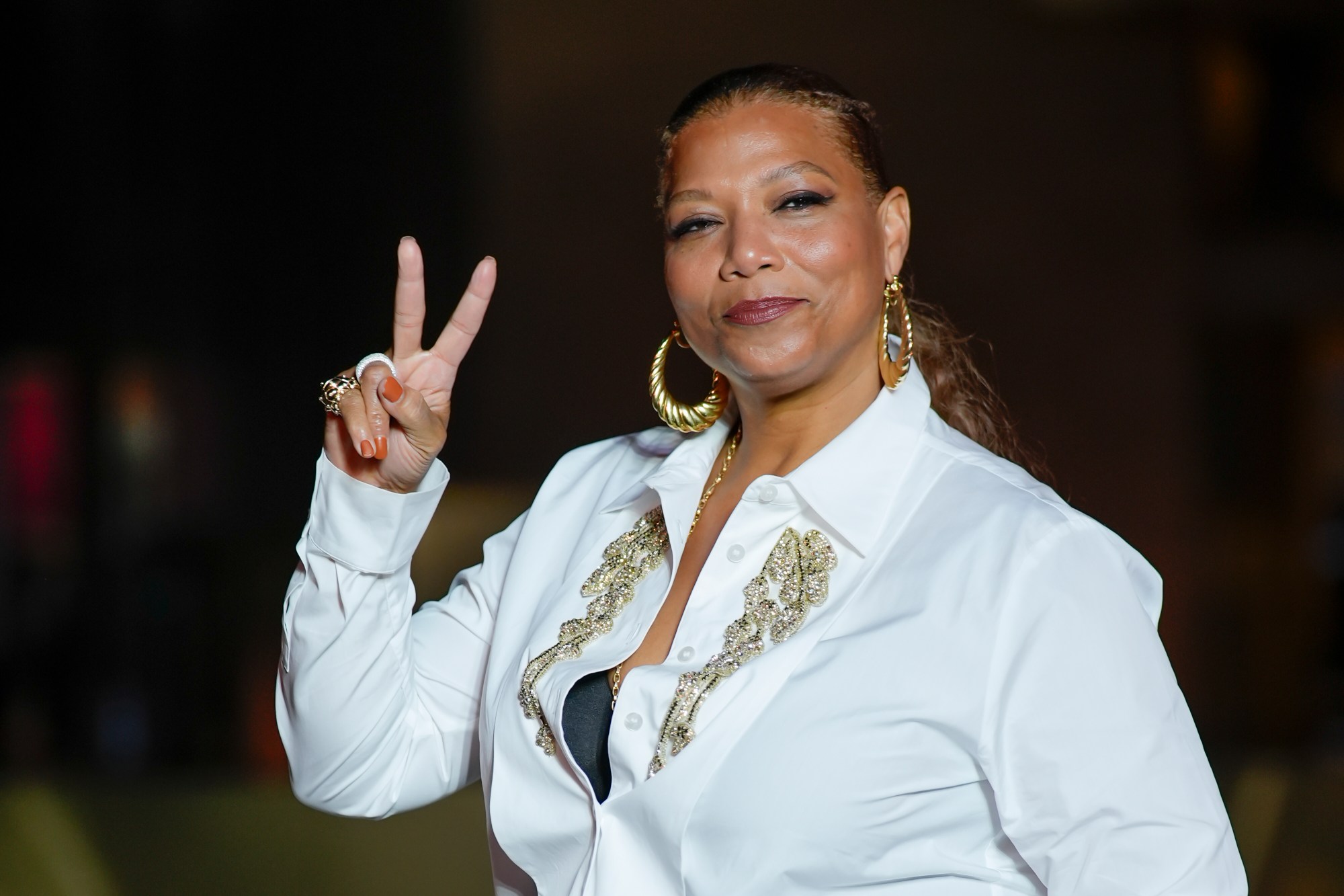 Queen Latifah upon arrival at the Louis Vuitton Foundation on the eve of Paris Olympics opening ceremony, at the 2024 Summer Olympics, Thursday, July 25, 2024, in Paris, France. (AP Photo/Rebecca Blackwell)